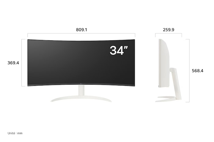 LG Smart Monitor 34SR63QA affichant les dimensions de face et de profil, mesurant 809.1 mm de largeur, 369.4 mm de hauteur d'écran, 568.4 mm de hauteur totale et 259.9 mm de profondeur.