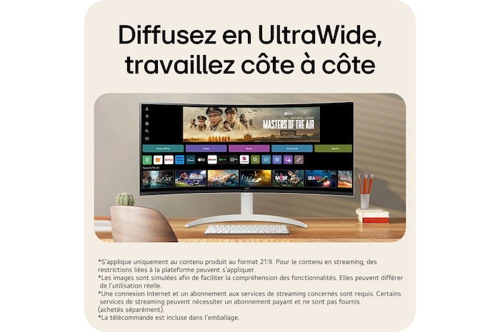 Le LG Smart Monitor 34SR63QA avec écran UltraWide 21:9, idéal pour le streaming immersif et le multitâche efficace côte à côte.