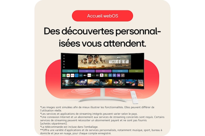 Le LG Smart Monitor 34SR63QA avec écran d'accueil webOS personnalisé, permettant un accès facile à tous les services et applications de streaming.