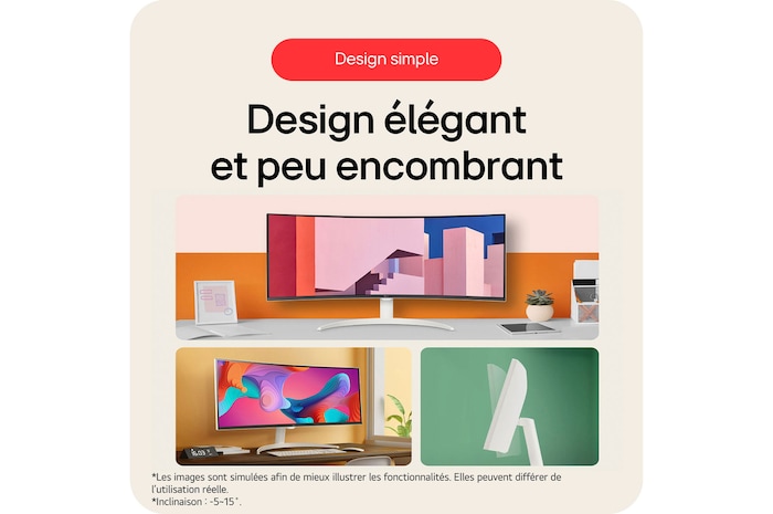 Le LG Smart Monitor 34SR63QA arbore un design simple, élégant et peu encombrant, doté d'une fonctionnalité d'inclinaison réglable.