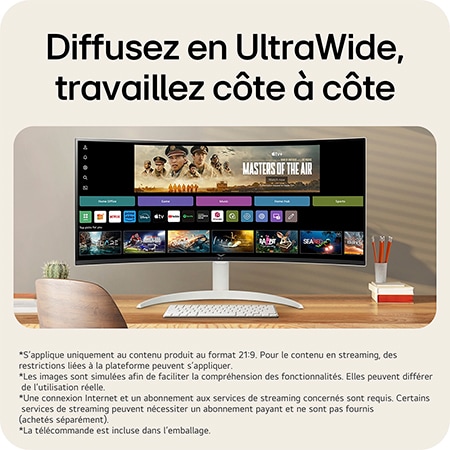 Le LG Smart Monitor 34SR63QA avec écran UltraWide 21:9, idéal pour le streaming immersif et le multitâche efficace côte à côte.