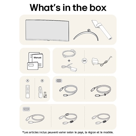 Tous les composants inclus avec le LG Smart Monitor 34SR63QA : Moniteur, pièces de support, télécommandes Magic Remote, manuel et divers câbles de connexion.