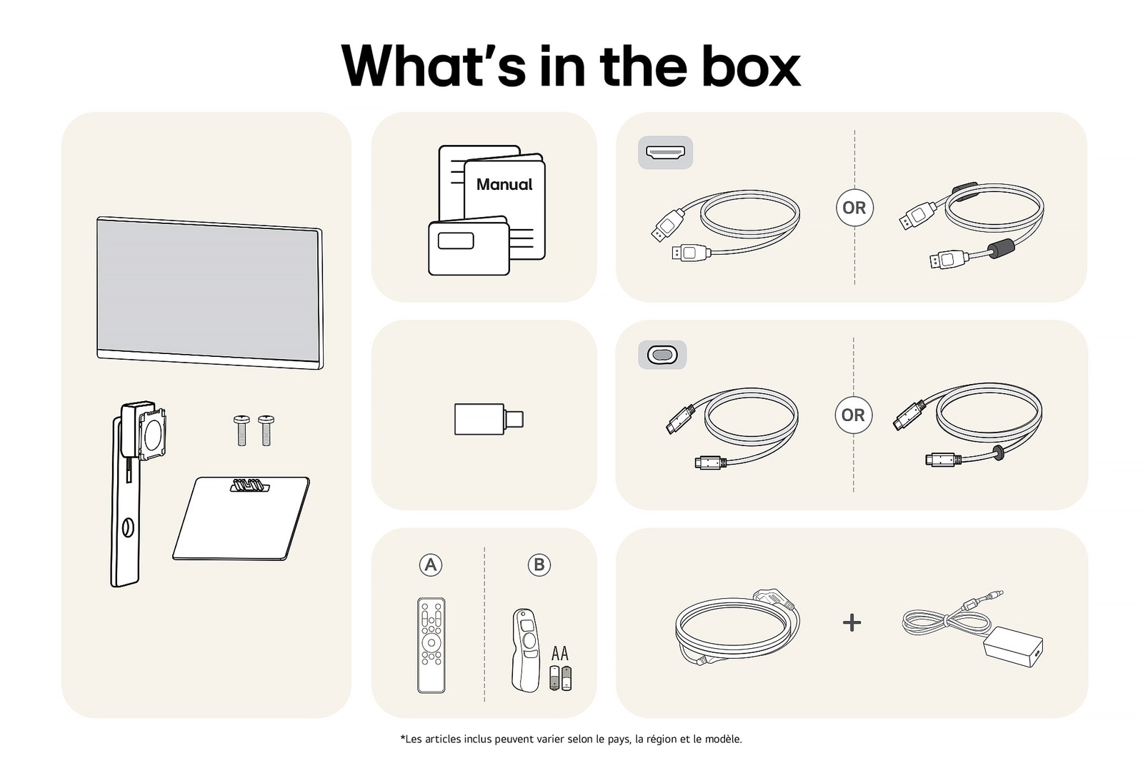 Moniteur LG 32U830SA-W en finition blanche affichant un aperçu de tous les composants fournis, incluant le corps du moniteur, les pièces du support, le manuel, deux télécommandes, USB-C et câbles HDMI.