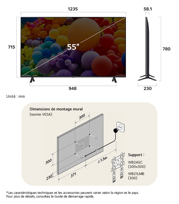 Vue dimensionnelle du LG UHD AI 4K UT70 55-inch, 1235×780×230 mm, panel 58.1 mm, VESA 300x300.