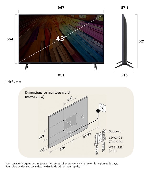 Vue dimensionnelle du LG UHD AI 4K UT80 43-inch, 967×621×216 mm, panel 57.1 mm, VESA 200x200.
