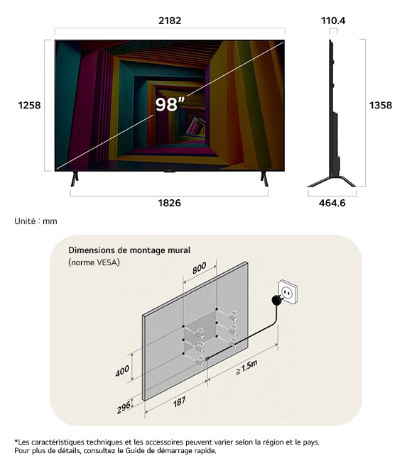 Vue dimensionnelle du LG UHD AI 4K UT90 98-inch, 2182×1358×464.6 mm, panel 110.4 mm, VESA 800x400.