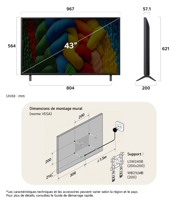Vue dimensionnelle du LG NanoCell AI NANO80 4K Smart TV 43-inch, 967×621×200 mm, panel 57.1 mm, VESA 200x200.
