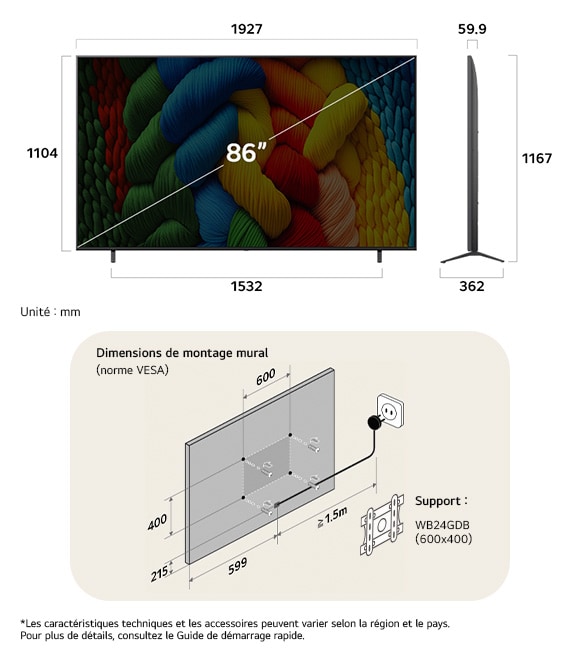 Vue dimensionnelle du LG NanoCell AI NANO80 4K Smart TV 86-inch, 1927×1167×362 mm, panel 59.9 mm, VESA 600x400.