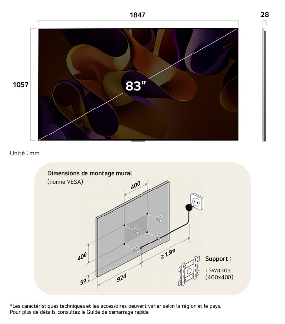 Vue dimensionnelle du LG OLED evo AI G4 4K 83-inch, panel 28 mm, VESA 400x400.