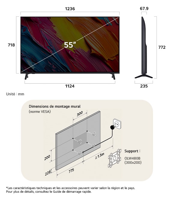 Vue dimensionnelle du LG QNED MiniLED AI QNED70 4K 55-inch, 1236×772×235 mm, panel 67.9 mm, VESA 300x200.