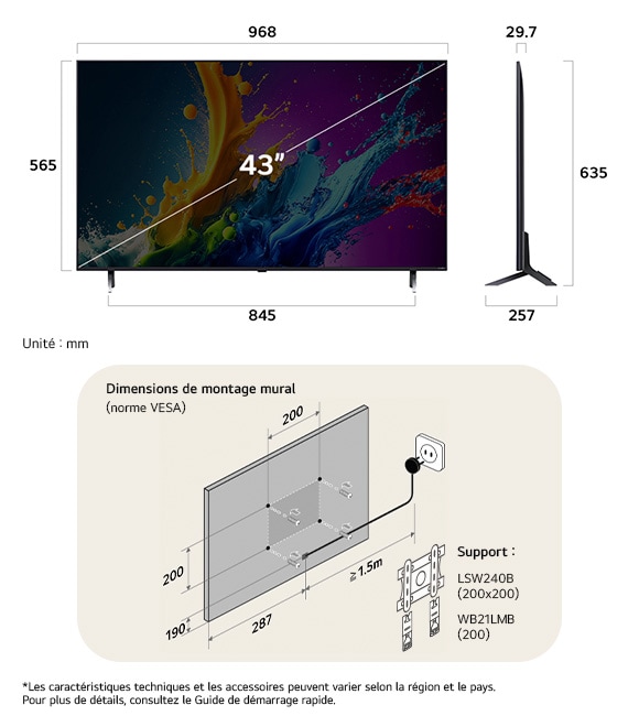 Vue dimensionnelle du LG QNED MiniLED AI QNED80 4K 43-inch, 968×635×257 mm, panel 29.7 mm, VESA 200x200.
