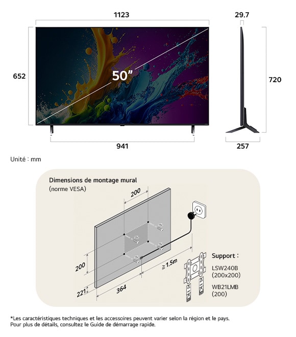 Vue dimensionnelle du LG QNED MiniLED AI QNED80 4K 50-inch, 1123×720×257 mm, panel 29.7 mm, VESA 200x200.