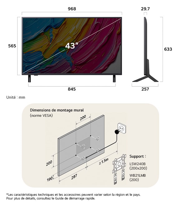 Vue dimensionnelle du LG QNED MiniLED AI QNED80 4K 43-inch, 968×635×257 mm, panel 29.7 mm, VESA 200x200.
