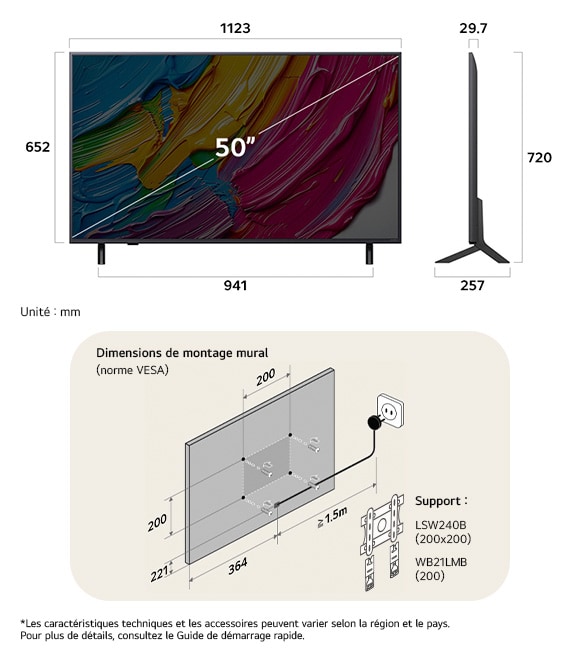 Vue dimensionnelle du LG QNED MiniLED AI QNED80 4K 50-inch, 1123×720×257 mm, panel 29.7 mm, VESA 200x200.