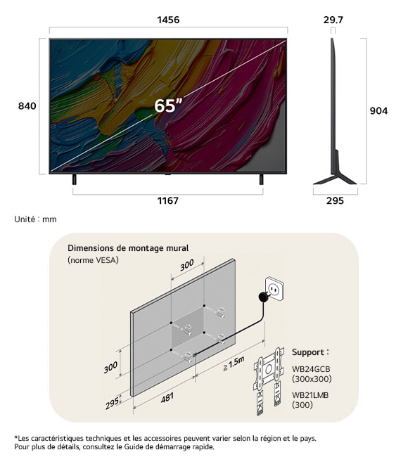Vue dimensionnelle du LG QNED MiniLED AI QNED80 4K 65-inch, 1456×904×295 mm, panel 29.7 mm, VESA 300x300.