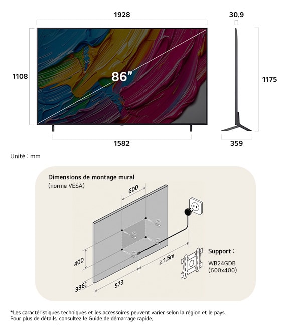 Vue dimensionnelle du LG QNED MiniLED AI QNED80 4K 86-inch, 1928×1175×359 mm, panel 30.9 mm, VESA 600x400.