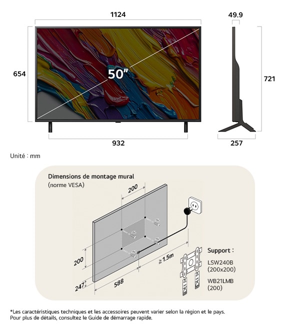Vue dimensionnelle du LG QNED MiniLED AI QNED82 4K 50-inch, 1124×721×257 mm, panel 49.9 mm, VESA 200x200.