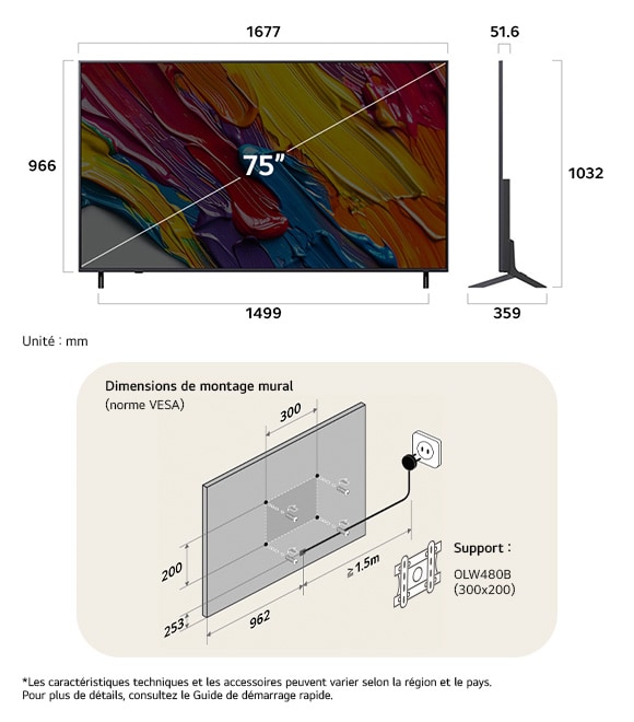 Vue dimensionnelle du LG QNED MiniLED AI QNED82 4K 75-inch, 1677×1032×359 mm, panel 51.6 mm, VESA 300x200.