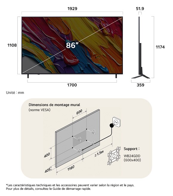 Vue dimensionnelle du LG QNED MiniLED AI QNED82 4K 86-inch, 1929×1174×359 mm, panel 51.9 mm, VESA 600x400.