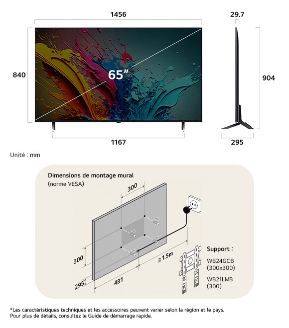 Vue dimensionnelle du LG QNED MiniLED AI QNED85 4K 65-inch, 1456×904×295 mm, panel 29.7 mm, VESA 300x300.