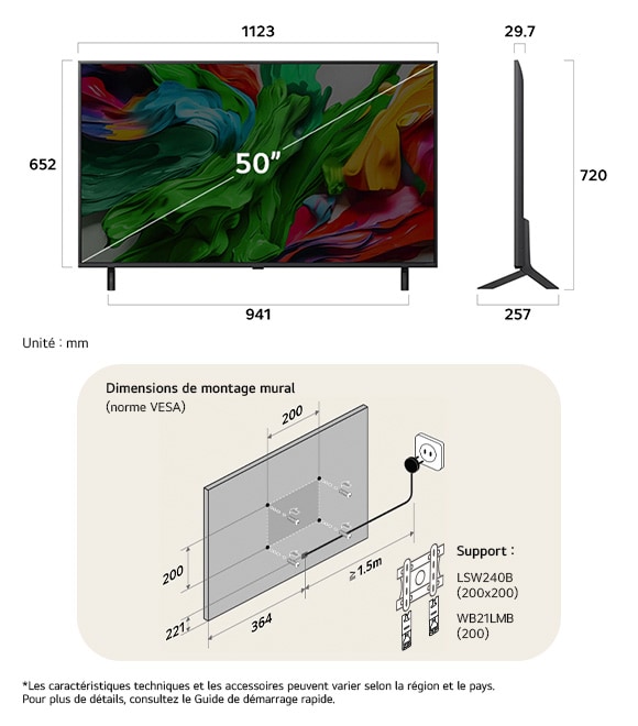 Vue dimensionnelle du LG QNED MiniLED AI QNED85 4K 50-inch, 1123×720×257 mm, panel 29.7 mm, VESA 200x200.