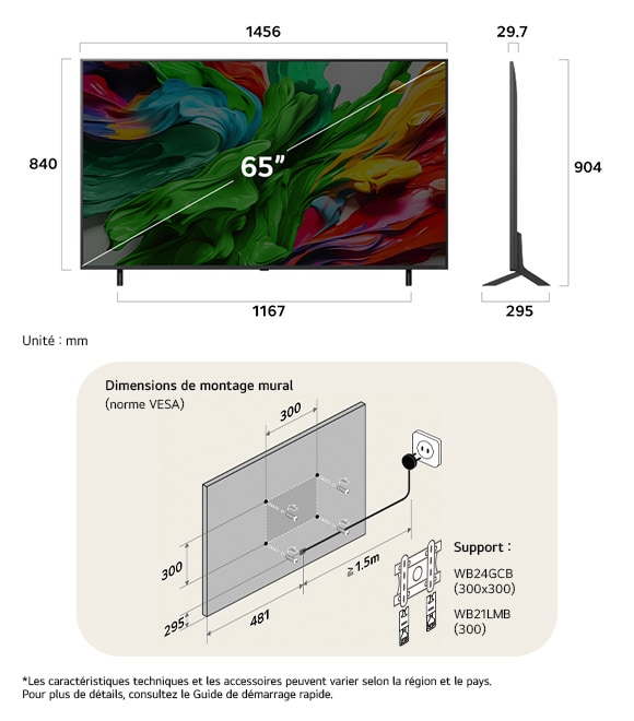 Vue dimensionnelle du LG QNED MiniLED AI QNED85 4K 65-inch, 1456×904×295 mm, panel 29.7 mm, VESA 300x300.