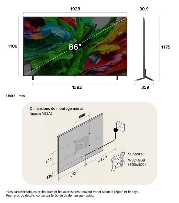 Vue dimensionnelle du LG QNED MiniLED AI QNED85 4K 86-inch, 1928×1175×359 mm, panel 30.9 mm, VESA 600x400.