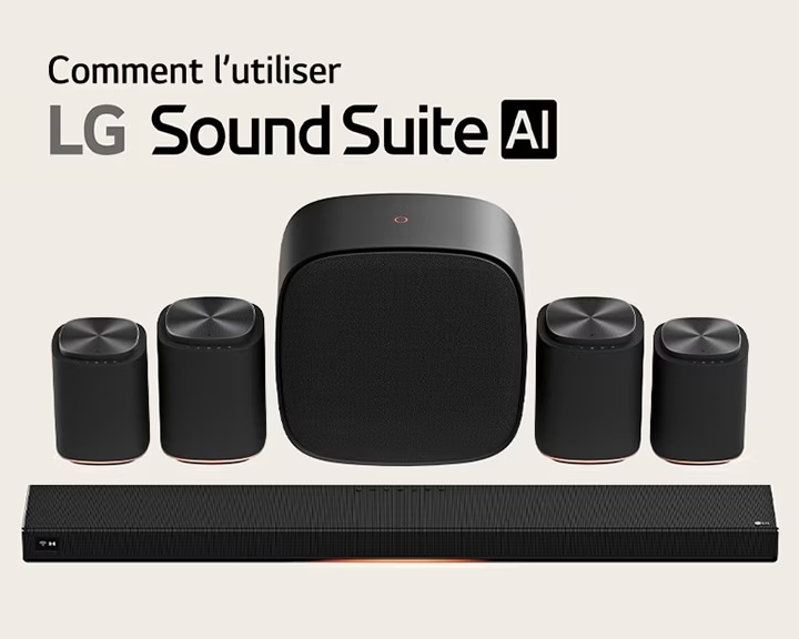 Jeu d’enceintes de cinéma maison LG Sound Suite comprenant une barre de son H7, une paire d’enceintes M7, une autre paire d’enceintes M5 et un caisson de basses W7.