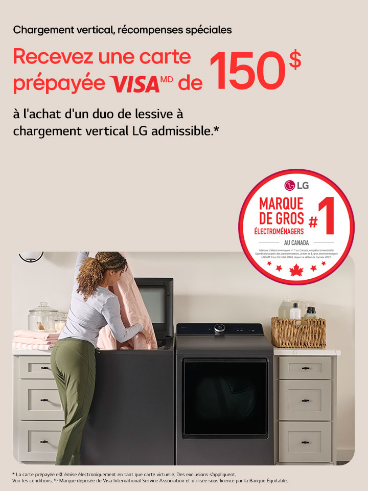 Promotion Top Loads, Top Rewards - recevez une carte prépayée VISA de 150 $ à l’achat admissible d’une laveuse à chargement vertical, du 23 octobre au 19 novembre 2025