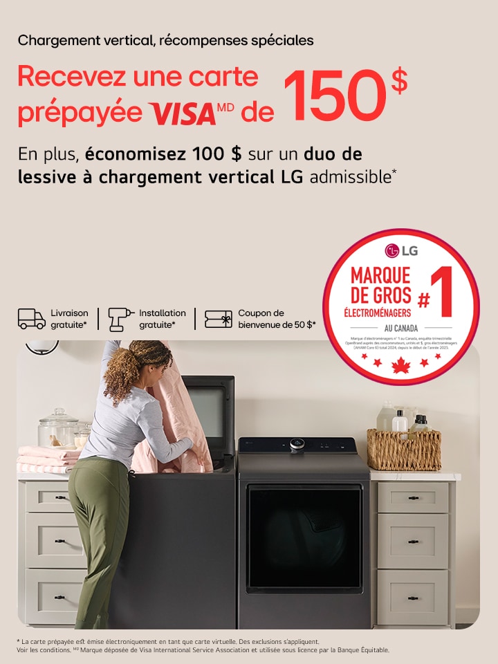 Promotion Top Loads, Top Rewards - recevez une carte prépayée VISA de 150 $ à l’achat admissible d’une laveuse à chargement vertical, du 23 octobre au 19 novembre 2025