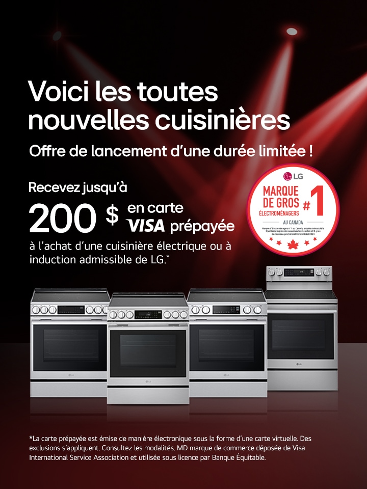 Recevez jusqu’à 200 $ en carte VISA prépayée à l’achat de cuisinières admissibles de LG entre le 28 août 2025 et le 1er octobre 2025