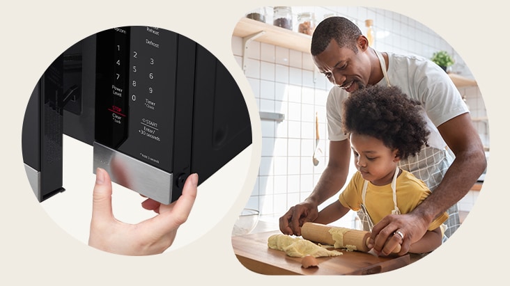 Gros plan sur le panneau de commande tactile d'un micro-ondes LG en acier inoxydable avec la fonction de verrouillage.