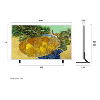 LG Gallery TV AI with frame LX7 ART TV featuring Gallery-like Screen without reflections is wall-mounted on a white wall, showing a still life of vases and fruit, surrounded by various framed artwork in a gallery-like setting.