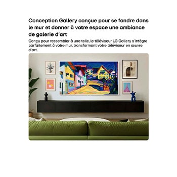 LG Gallery TV AI with frame LX7 ART TV featuring Dynamic QNED Color displays a close-up of richly textured painting artwork, where intensified reds, yellows, and greens highlight its 100% Color Volume, bringing art to life.