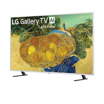 LG Gallery TV AI with frame LX7 ART TV is wall-mounted with a Snow White frame, displaying a colorful painting of houses and a sunlit street, set within a modern living room styled with multiple framed artworks.