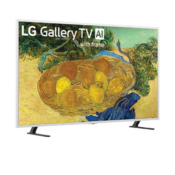 LG Gallery TV AI with frame LX7 ART TV featuring Gallery Design with Attachable Frame is mounted on a red wall, its Snow White frame seamlessly wrapping around the screen as displayed artwork creates a refined, gallery-like mood.