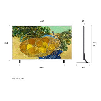 LG Gallery TV AI with frame LX7 ART TV featuring Gallery-like Screen without reflections is wall-mounted on a white wall, showing a still life of vases and fruit, surrounded by various framed artwork in a gallery-like setting.