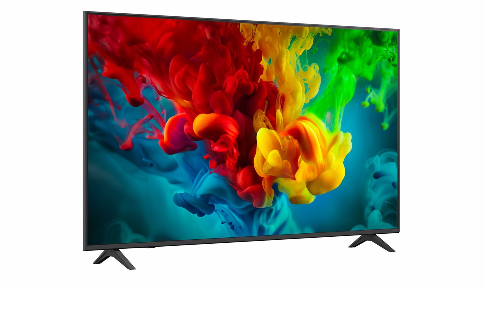 LG QNED evo AI QNED82 Mini LED shown in front and side views highlights a 65-inch display with a 1455 mm-wide screen, 841 mm screen height, 904 mm height with stand, a 67.9 mm profile depth, and a stand footprint measuring 1217 by 269 mm.