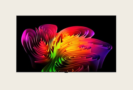 La vue de face de la télévision LG OLED evo AI W6 Wallpaper TV met en valeur son design de papier peint mince et mince, tandis qu’une composition abstraite dynamique de dégradés de couleur ondulés en multicolores vifs s’étend sans interruption à travers l’écran.