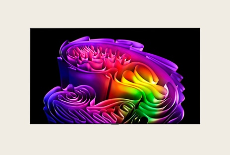 La vue de face du LG OLED evo présente une mince bordure noire, avec une image vive et sculpturale de formes richement superposées et multicolores remplissant l’écran.