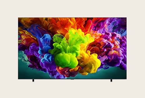 La vue frontale du LG QNED evo Mini LED remplit l’écran d’éclatements fluides et vifs de mouvements multicolores, semblables à de la peinture, alors que des nuages denses de couleurs se fondent harmonieusement sur l’écran.