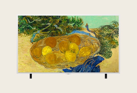 La vue de face de LG ART TV remplit l’écran de la peinture de Vincent van Gogh, alors que des citrons jaunes texturés et un feuillage vert apparaissent vivement sur l’exposition comme une œuvre d’art encadrée dans une galerie.