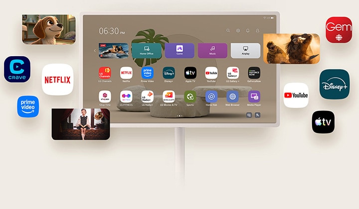 L’écran mobile StanbyME 2 Max LX6 de LG avec divers services par contournement affiche des interfaces d’applications de diffusion en continu comme Netflix et YouTube sur l’écran et autour de celui-ci, représentant l’accès à divers contenus, y compris des séries, des films et de la musique.
