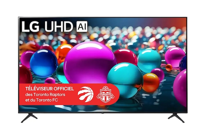 Vue avant du téléviseur UHD UA75, avec le logo LG UHD AI dans le coin supérieur. LG UHD TV présente des textures colorées rappelant une peinture en mouvement.