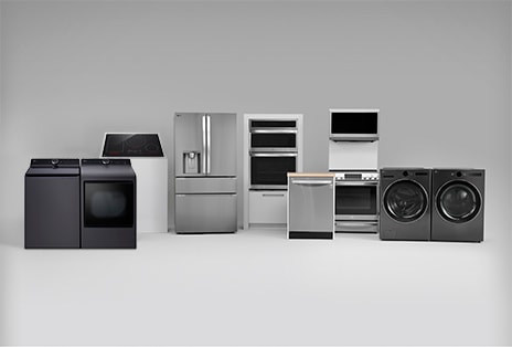 Gamme complète de gros électroménagers de LG, y compris des ensembles d’appareils pour la lessive à chargement vertical et frontal, des réfrigérateurs avec porte à deux battants, des fours muraux, des surfaces de cuisson, des cuisinières et des lave-vaisselle, représentant la gamme d’électroménagers fiables et innovants de LG.