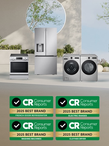 Gamme d’appareils de LG comprenant un réfrigérateur avec portes à deux battants, une cuisinière électrique, une laveuse et une sécheuse, présentés dans un cadre moderne avec des insignes « Meilleure marque » de Consumer Reports 2025 pour chaque catégorie affichée ci-dessous.