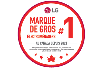 Insigne de LG indiquant « La première marque de gros électroménagers au Canada », d’après les résultats de l’enquête OpenBrand 2025 menée auprès des consommateurs, avec des icônes de feuille d’érable et d’étoile symbolisant la reconnaissance nationale.