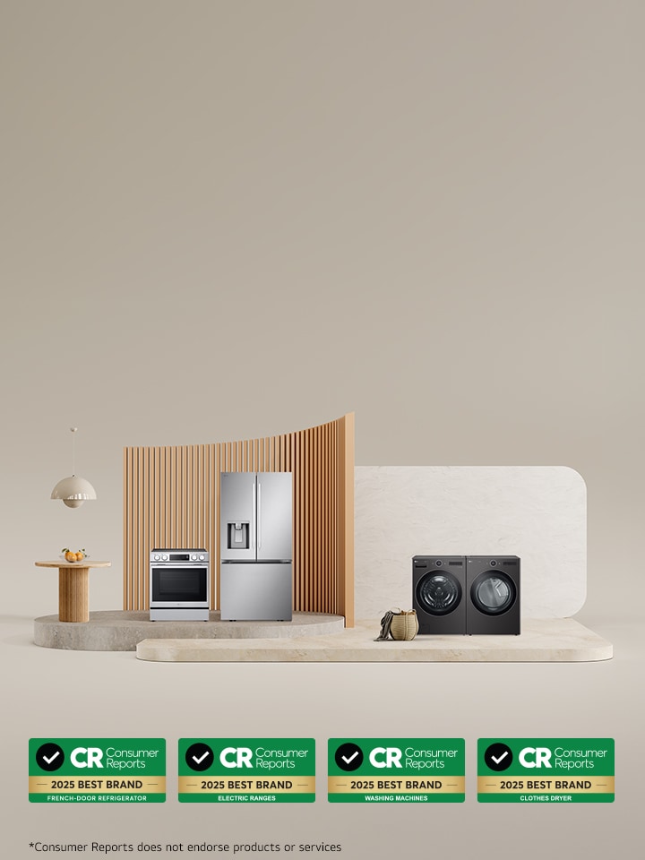 Gamme d’appareils de LG comprenant un réfrigérateur avec portes à deux battants, une cuisinière électrique, une laveuse et une sécheuse, présentés dans un cadre moderne avec des insignes « Meilleure marque » de Consumer Reports 2025 pour chaque catégorie affichée ci-dessous.
