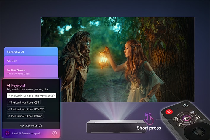 Vidéo d’AI Concierge fournissant des recommandations de contenu personnalisé par IA sur le projecteur LG CineBeam avec la télécommande Magic.
