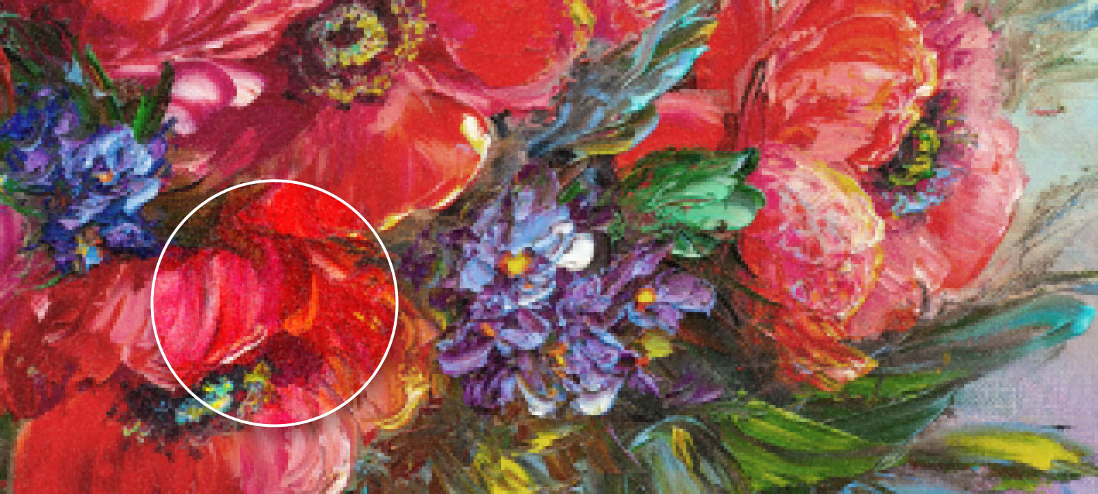 Image comparative d’une peinture florale colorée à l’huile, montrant la différence de résolution entre Full HD et 4K UHD avec des cercles zoomés.